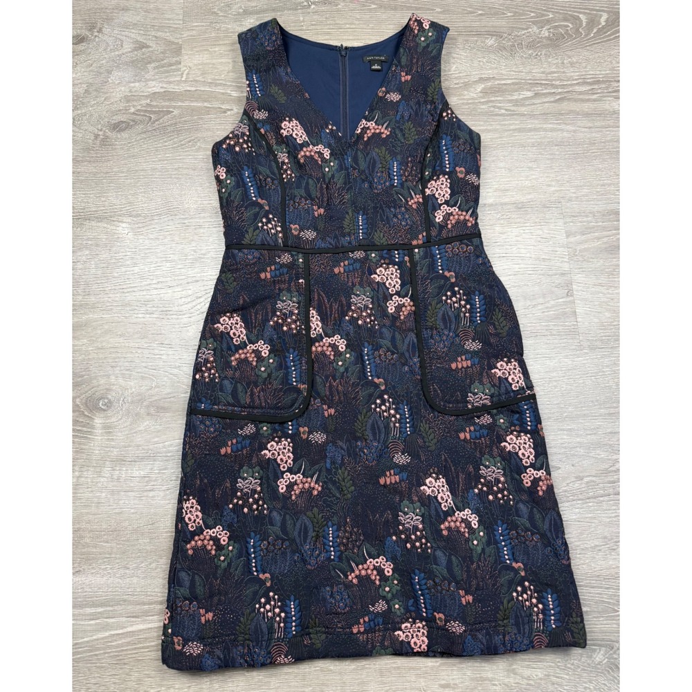 Ann Taylor Navy Blue Metallic Floral Jacquard Sheath Dress V-Neck Pockets Size 2